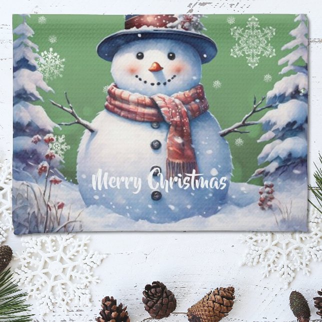 Winter Forest  Snowman Christmas | Green Tea Towel (Green Winter Forest Snowman Christmas Kitchen Towel)