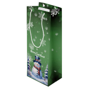 Winter Forest Snowman Christmas Green Wine Gift Bag