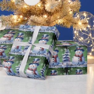 Winter Forest Snowman Christmas   Green Wrapping Paper