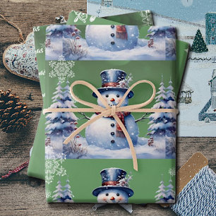 Winter Forest Snowman Christmas   Green Wrapping Paper Sheet