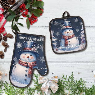 Winter Forest Snowman Christmas Oven Mitt & Pot Holder Set