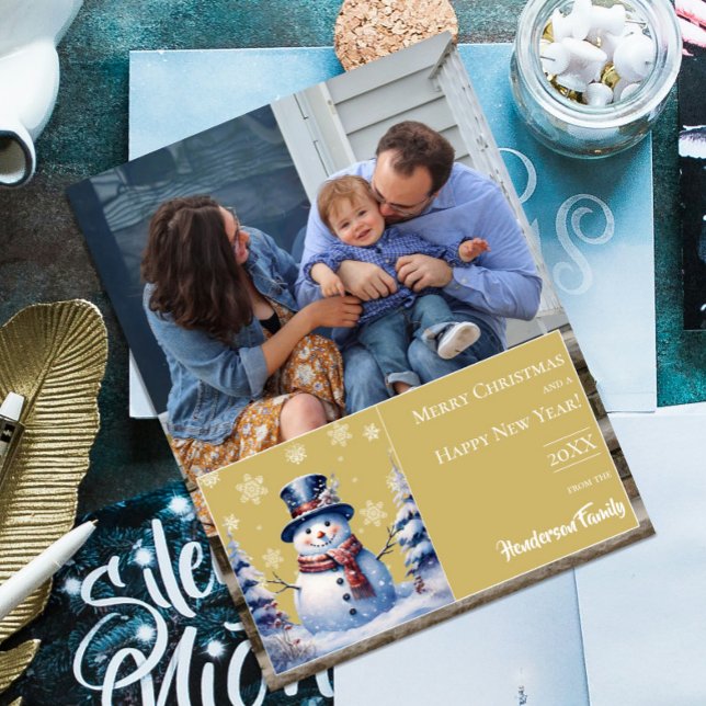 Winter Forest Snowman Christmas Photo | Gold Holiday Card (Gold Winter Forest Snowman Christmas Photo Holiday Card)