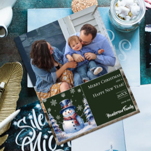 Winter Forest Snowman Christmas Photo   Green Holiday Card
