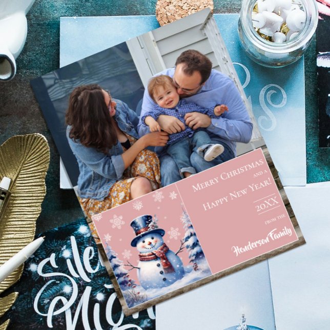 Winter Forest Snowman Christmas Photo | Pink Holiday Card (Pink Winter Forest Snowman Christmas Photo Holiday Card)