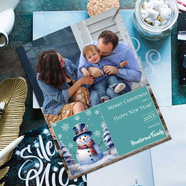 Winter Forest Snowman Christmas Photo | Teal Holiday Card (Teal Winter Forest Snowman Christmas Photo Holiday Card)