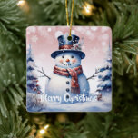 Winter Forest Snowman Christmas | Pink Ceramic Ornament<br><div class="desc">Add a charming touch to your tree this holiday season with a Pink Winter Forest Snowman Christmas Holiday Ceramic Ornament. Ornament design features a cute snowman in a charming top hat and scarf standing in a winter forest scene with falling snow. Additional gift and holiday items available with this design...</div>