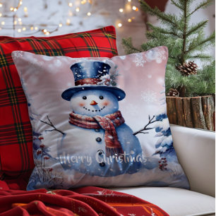 Winter Forest Snowman Christmas   Pink Cushion