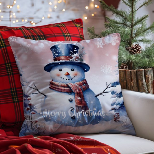 Winter Forest Snowman Christmas | Pink Cushion (Pink Winter Forest Snowman Christmas Throw Pillow)