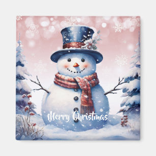 Winter Forest Snowman Christmas Pink Magnet