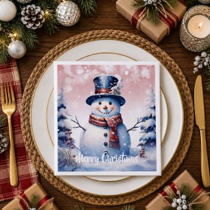 Winter Forest Snowman Christmas Pink Napkin