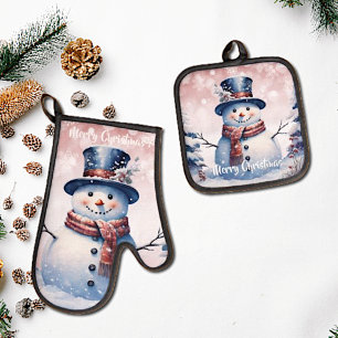 Winter Forest Snowman Christmas Pink Oven Mitt & Pot Holder Set
