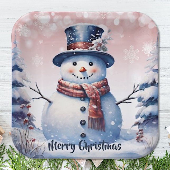 Winter Forest Snowman Christmas | Pink Paper Plate (Pink Winter Forest Snowman Christmas Paper Plates)
