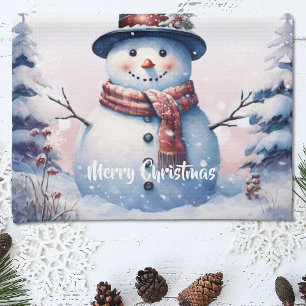 Winter Forest  Snowman Christmas   Pink Tea Towel