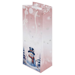 Winter Forest Snowman Christmas Pink Wine Gift Bag