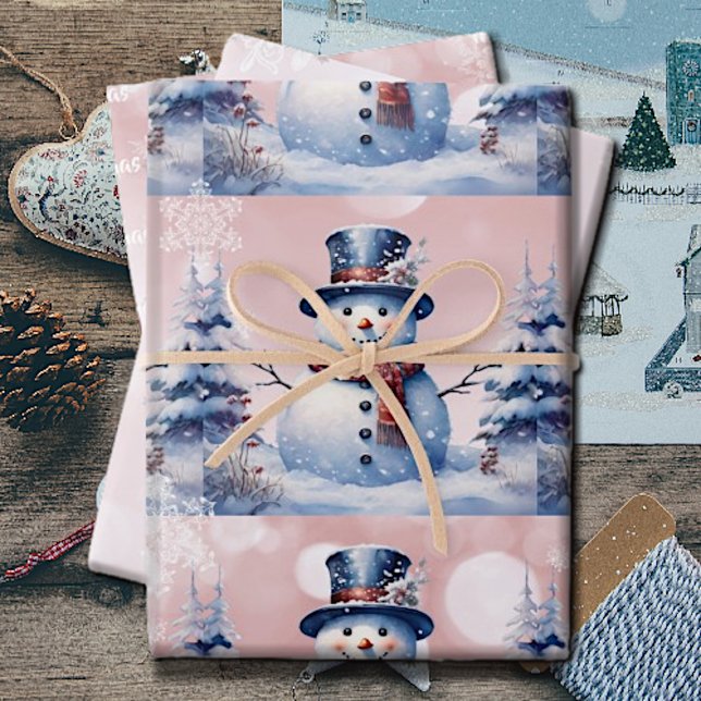 Winter Forest Snowman Christmas | Pink Wrapping Paper Sheet (Pink Winter Forest Snowman Christmas Wrapping Paper Sheets)