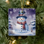 Winter Forest Snowman Christmas | Purple Ceramic Ornament<br><div class="desc">Add a charming touch to your tree this holiday season with a Purple Winter Forest Snowman Christmas Holiday Ceramic Ornament. Ornament design features a cute snowman in a charming top hat and scarf standing in a winter forest scene with falling snow. Additional gift and holiday items available with this design...</div>