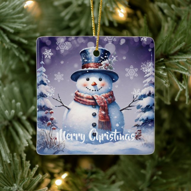 Winter Forest Snowman Christmas | Purple Ceramic Ornament (Tree)