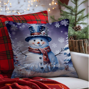 Winter Forest Snowman Christmas   Purple Cushion