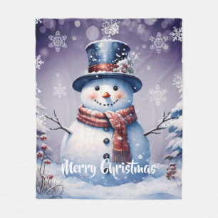 Winter Forest Snowman Christmas   Purple Fleece Blanket
