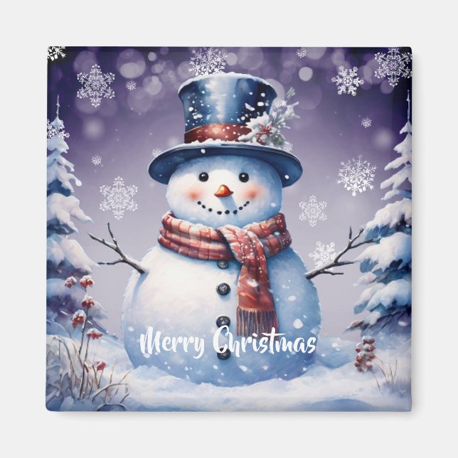 Winter Forest Snowman Christmas | Purple Magnet (Front)