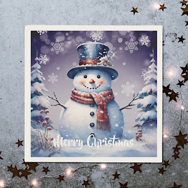 Winter Forest Snowman Christmas | Purple Napkin (Purple Winter Forest Snowman Christmas Napkins)