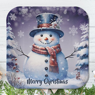 Winter Forest Snowman Christmas   Purple Paper Plate