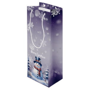 Winter Forest Snowman Christmas Purple Wine Gift Bag