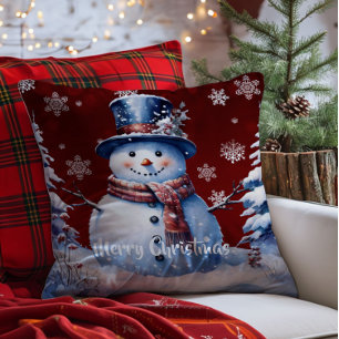Winter Forest Snowman Christmas   Red Cushion