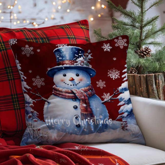 Winter Forest Snowman Christmas | Red Cushion (Red Winter Forest Snowman Christmas Throw Pillow)