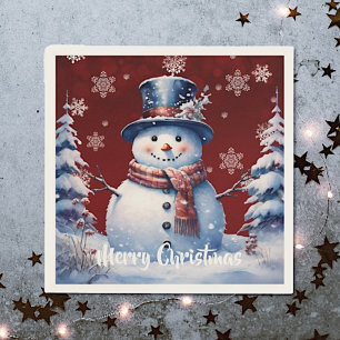 Winter Forest Snowman Christmas   Red Napkin