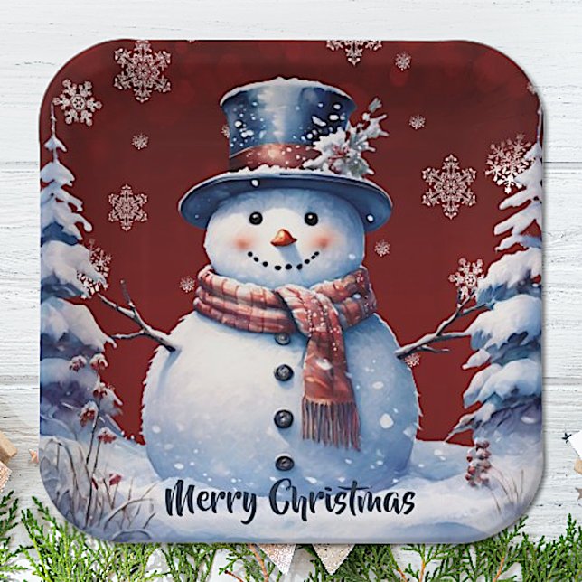 Winter Forest Snowman Christmas | Red Paper Plate (Red Winter Forest Snowman Christmas Paper Plates)