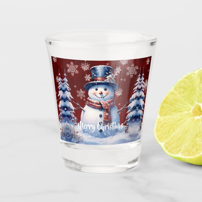 Winter Forest Snowman Christmas | Red Shot Glass (Front)