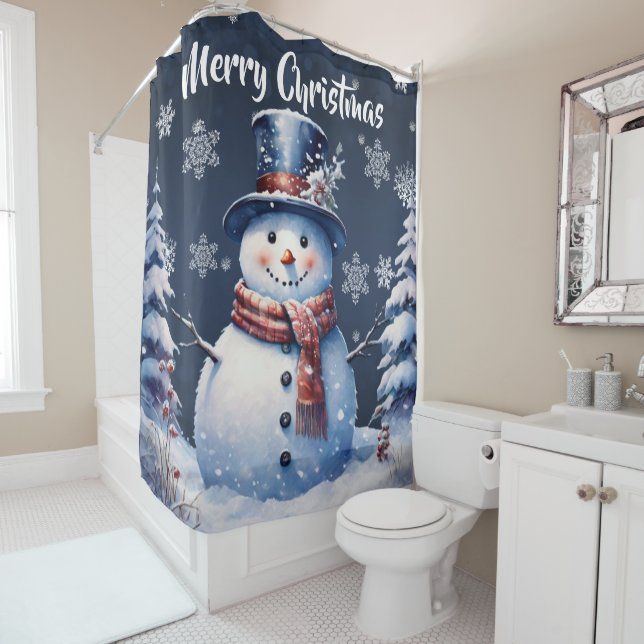 Winter Forest Snowman Christmas Shower Curtain (In Situ)