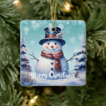 Winter Forest Snowman Christmas | Teal Ceramic Ornament<br><div class="desc">Add a charming touch to your tree this holiday season with a Teal Winter Forest Snowman Christmas Holiday Ceramic Ornament. Ornament design features a cute snowman in a charming top hat and scarf standing in a winter forest scene with falling snow. Additional gift and holiday items available with this design...</div>