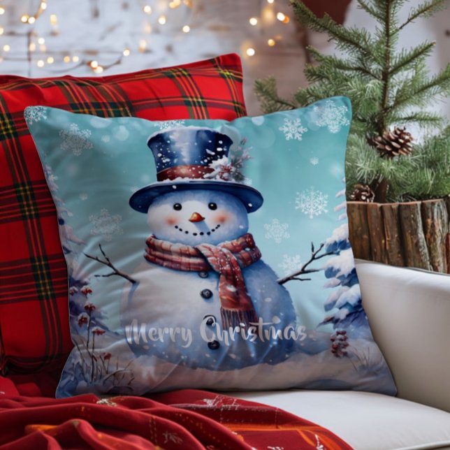 Winter Forest Snowman Christmas | Teal Cushion (Teal Winter Forest Snowman Christmas Throw Pillow)