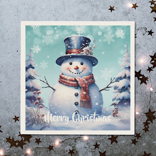 Winter Forest Snowman Christmas Teal Napkin