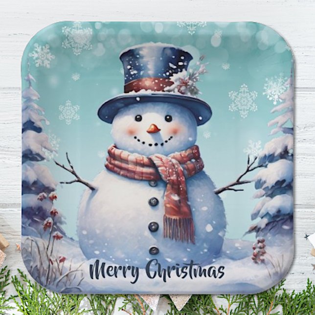 Winter Forest Snowman Christmas | Teal Paper Plate (Teal Winter Forest Snowman Christmas Paper Plates)