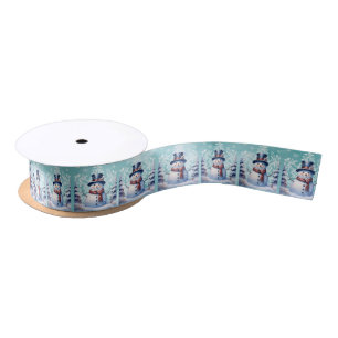 Winter Forest Snowman Christmas   Teal Satin Ribbon