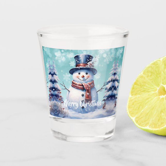 Winter Forest Snowman Christmas | Teal Shot Glass (Front)