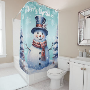 Winter Forest Snowman Christmas Teal Shower Curtain