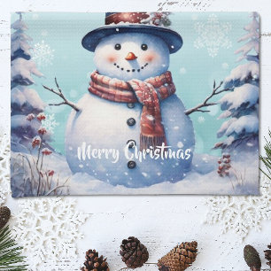 Winter Forest Snowman Christmas Teal Tea Towel