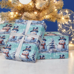 Winter Forest Snowman Christmas Teal Wrapping Paper