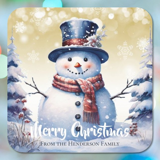 Winter Forest Snowman Merry Christmas | Gold Square Sticker (Gold Winter Forest Snowman Merry Christmas Sticker)