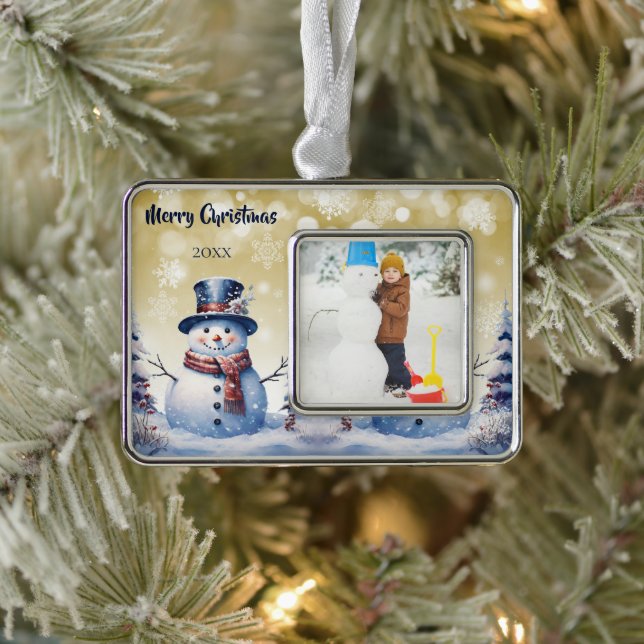 Winter Forest Snowman Photo | Gold Silver Plated Framed Ornament (Tree)