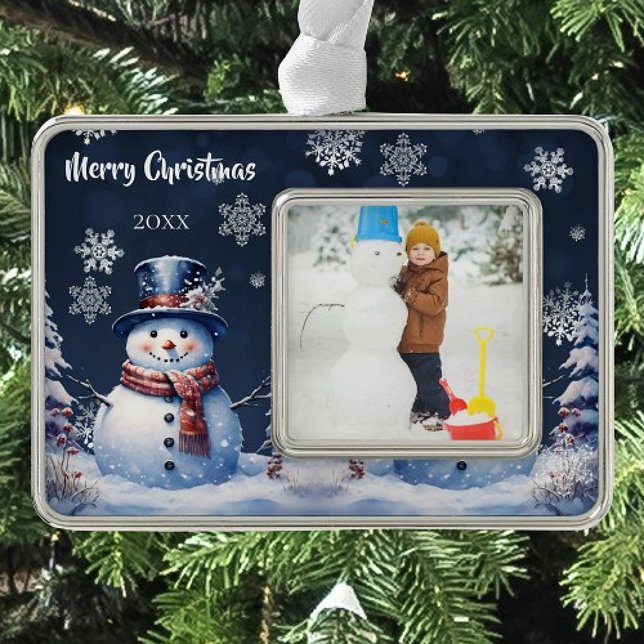 Winter Forest Snowman Photo Silver Plated Framed Ornament (Winter Forest Snowman Christmas Photo Ornament)