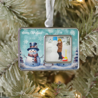 Winter Forest Snowman Photo | Teal Silver Plated Framed Ornament