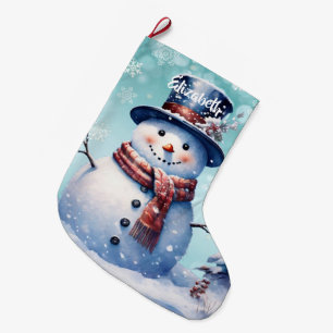 Winter Forest Snowman Teal Large Christmas Stocking