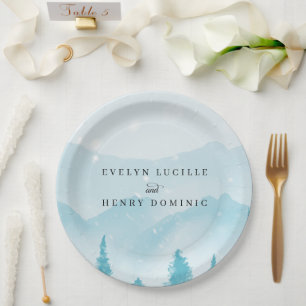 Winter Forest Snowy Mountain Wedding Paper Plate