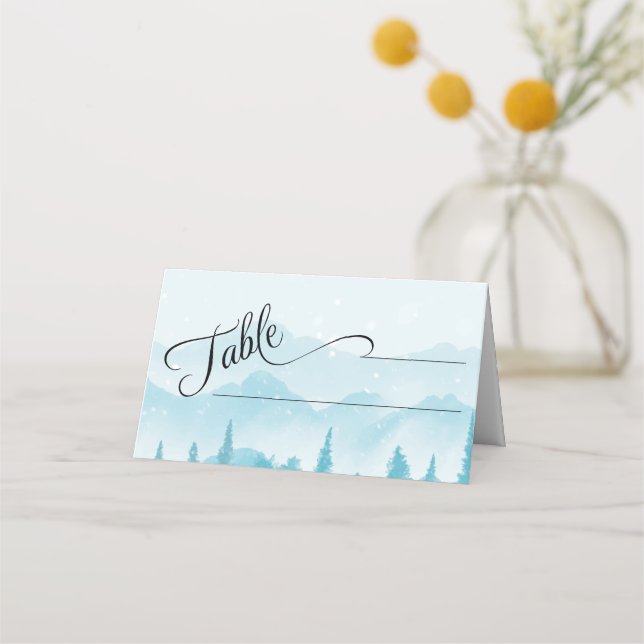 Winter Forest Snowy Mountain Wedding Place Card (Front)