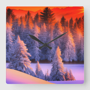 Winter Forest Sunrise Theme Square Wall Clock